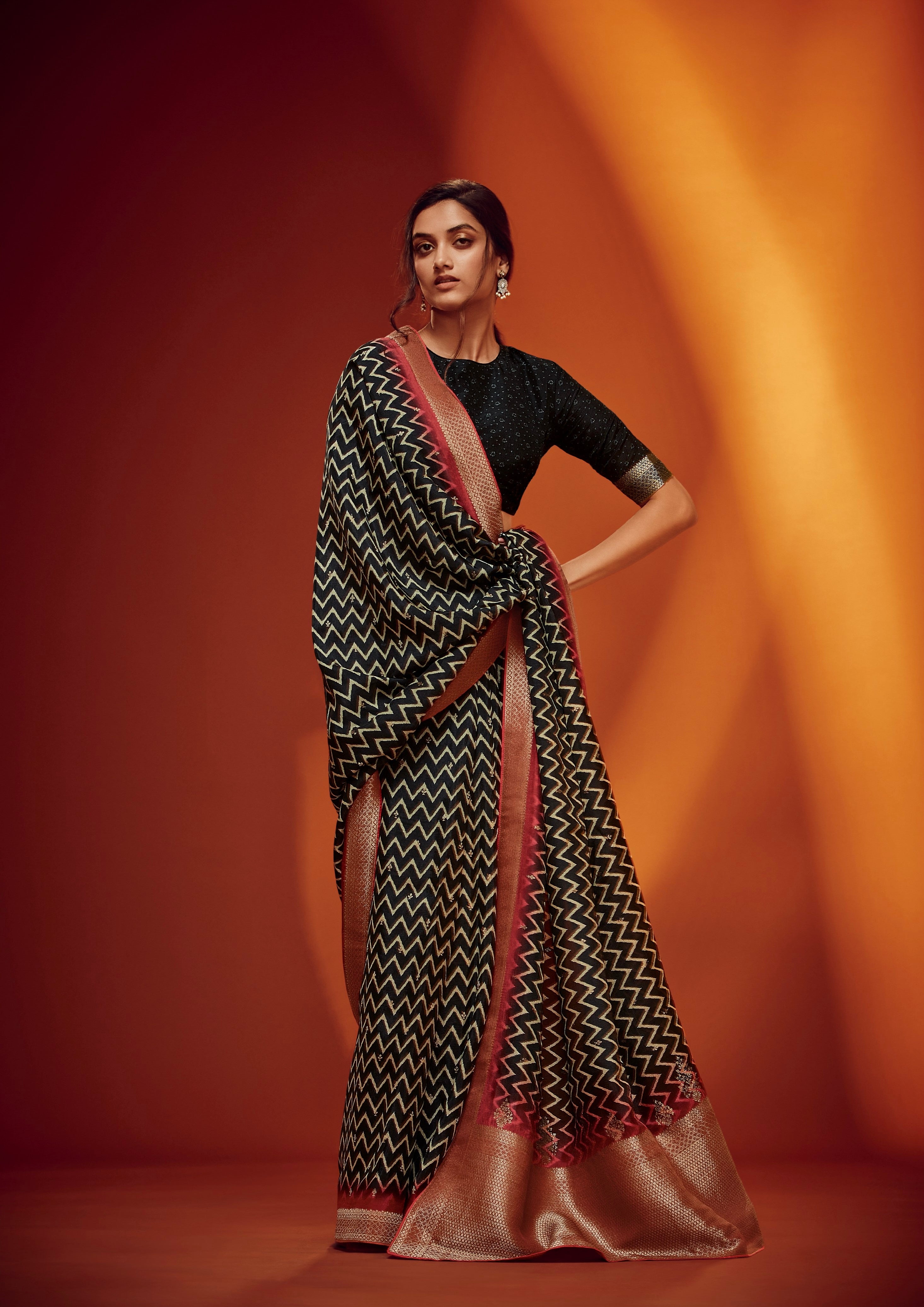 Classic Black &amp; Red Designer Woven Saree
