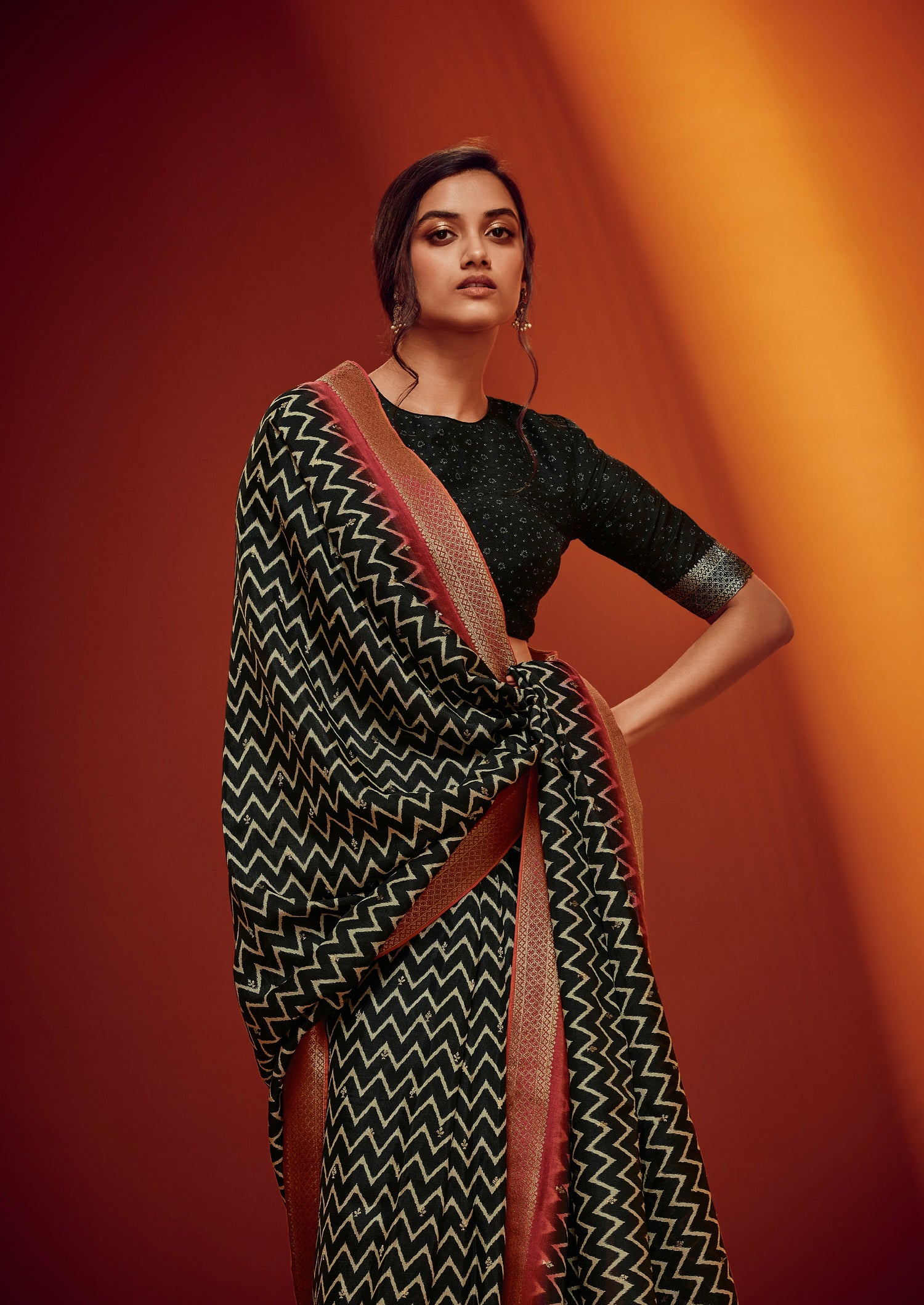 Classic Black &amp; Red Designer Woven Saree