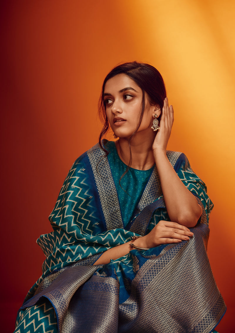 Royal Blue & Teal Green Designer Viscose Saree