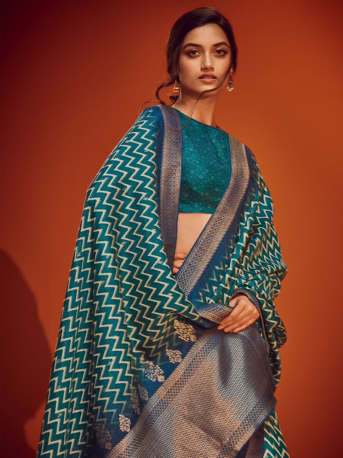 Royal Blue &amp; Teal Green Designer Viscose Saree