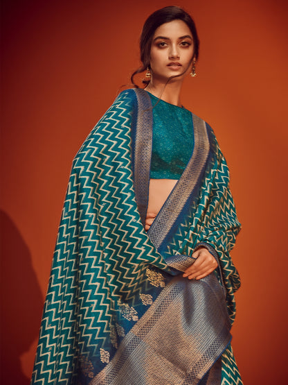 Royal Blue &amp; Teal Green Designer Viscose Saree