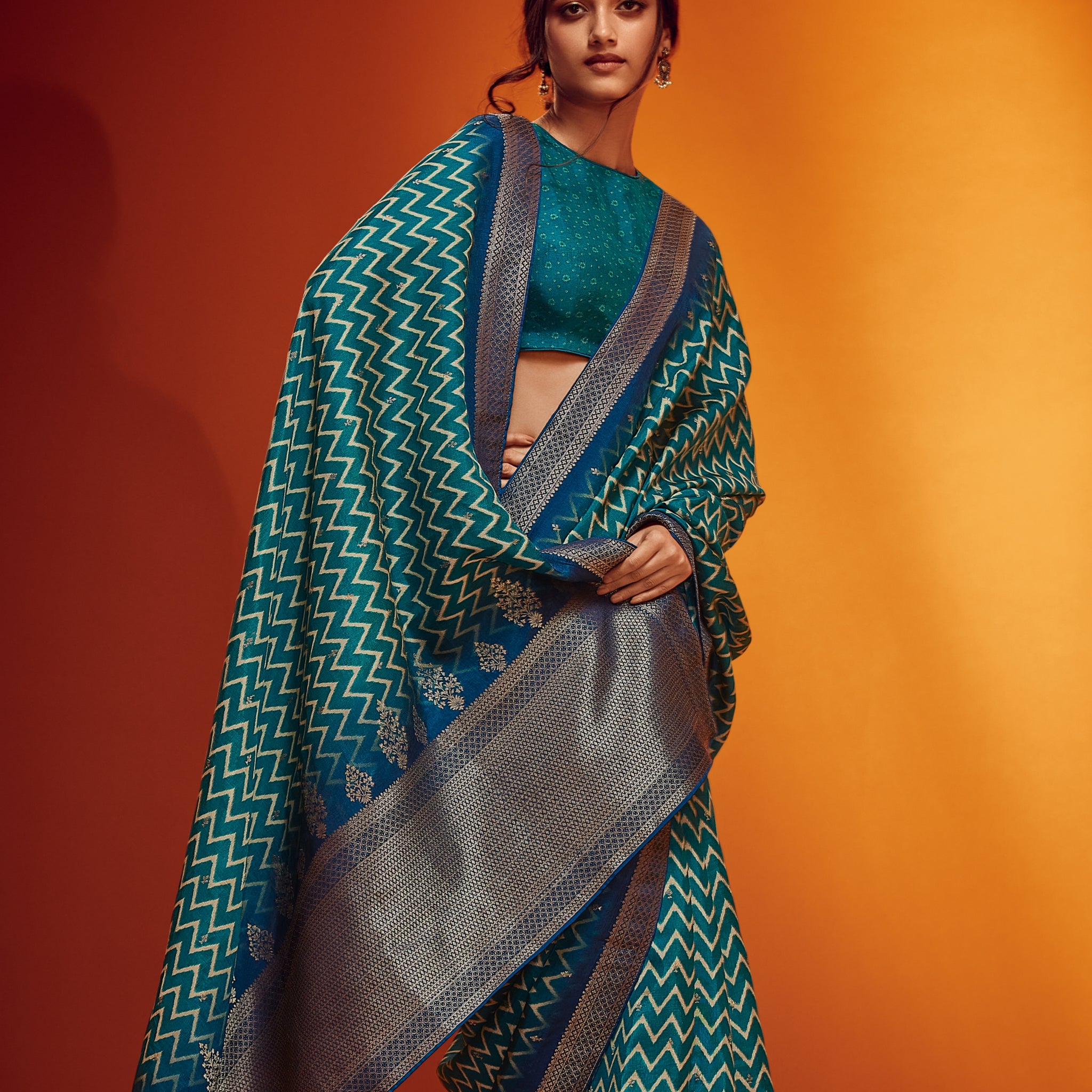Royal Blue & Teal Green Designer Viscose Saree