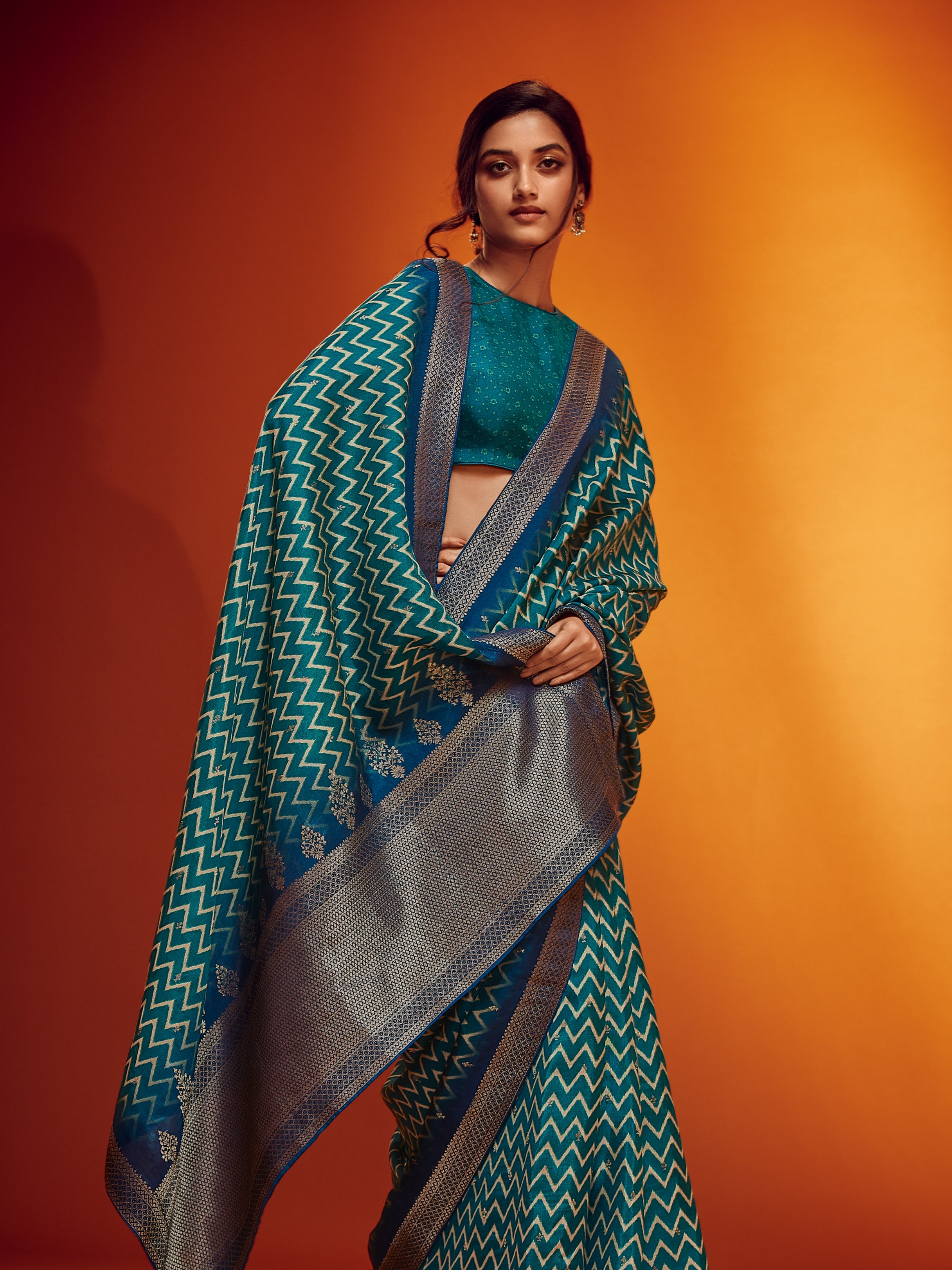 Royal Blue & Teal Green Designer Viscose Saree