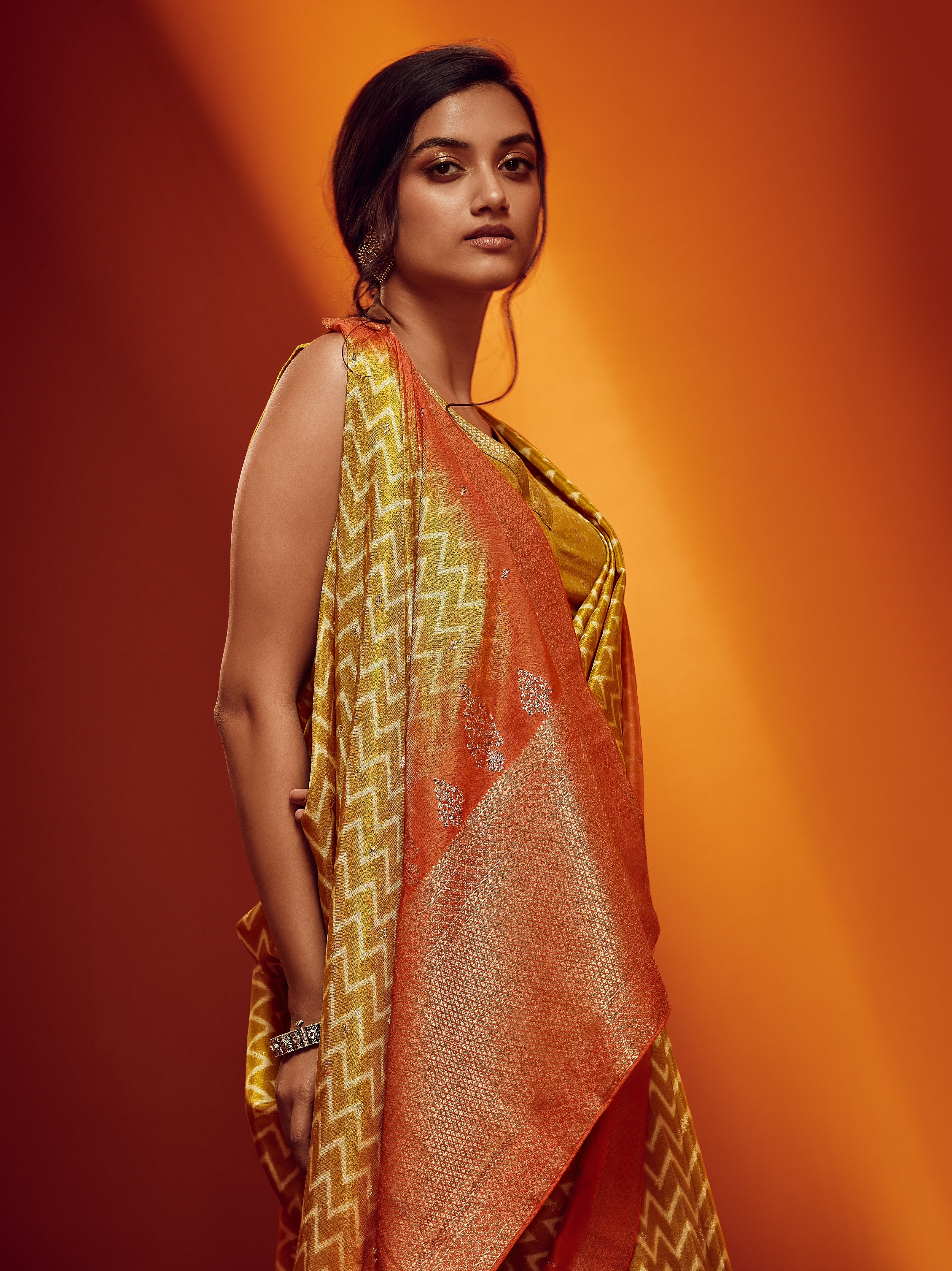 Bright Yellow & Orange Designer Viscose Saree