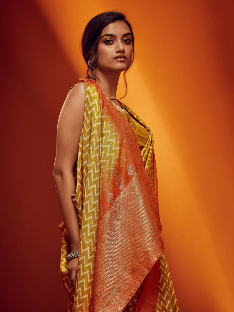 Bright Yellow & Orange Designer Viscose Saree