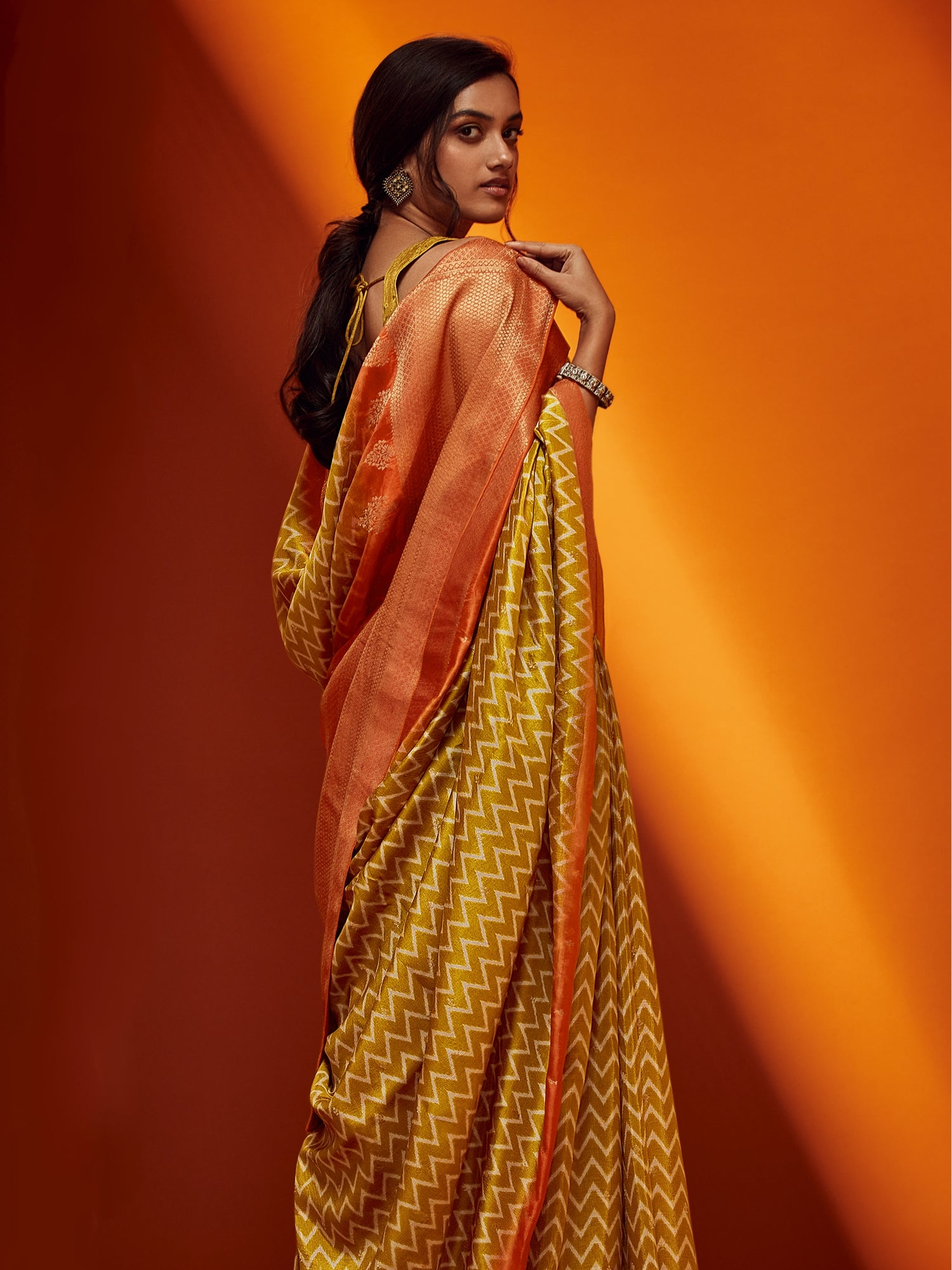 Bright Yellow &amp; Orange Designer Viscose Saree
