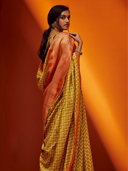 Bright Yellow &amp; Orange Designer Viscose Saree
