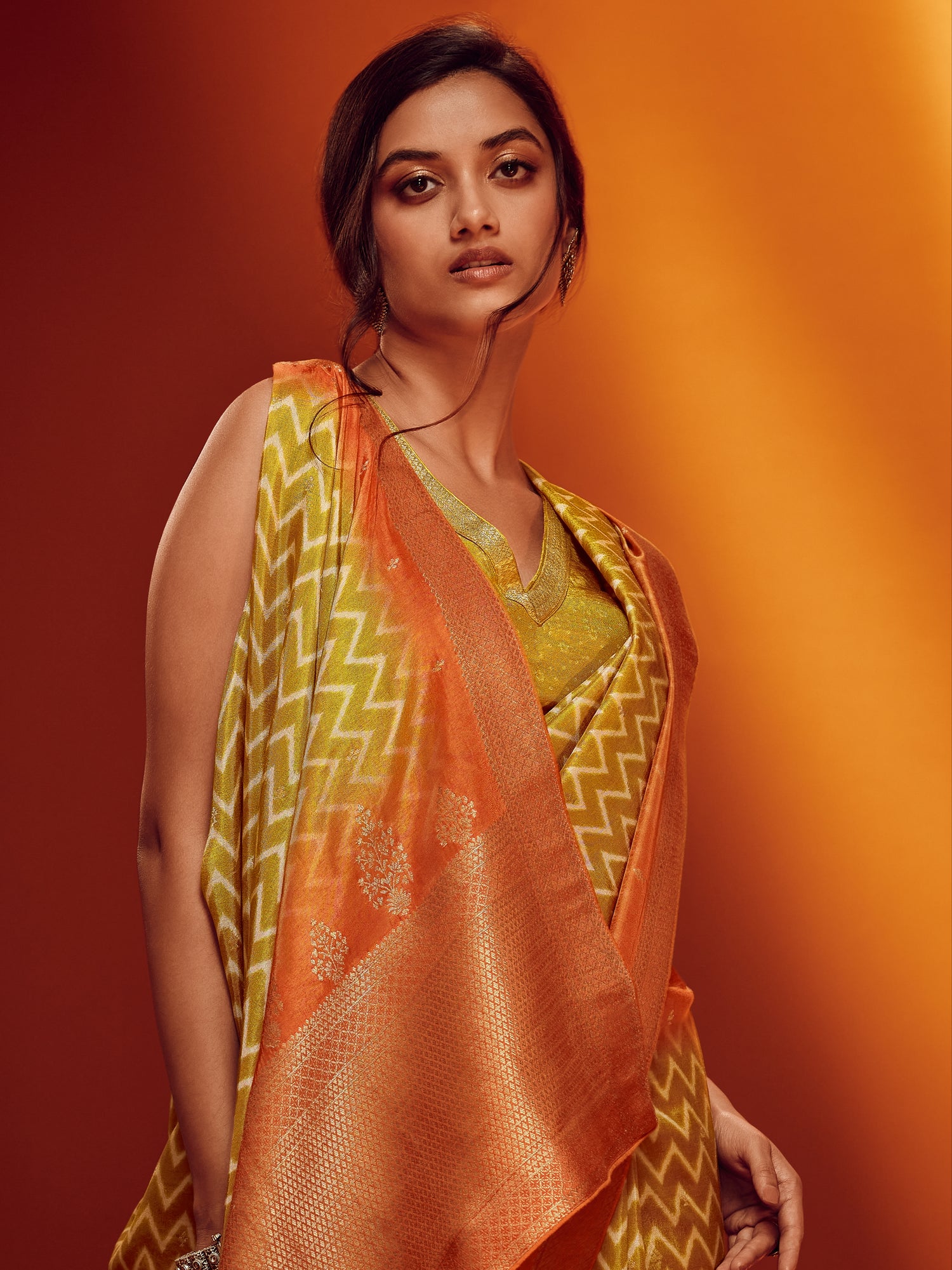 Bright Yellow &amp; Orange Designer Viscose Saree
