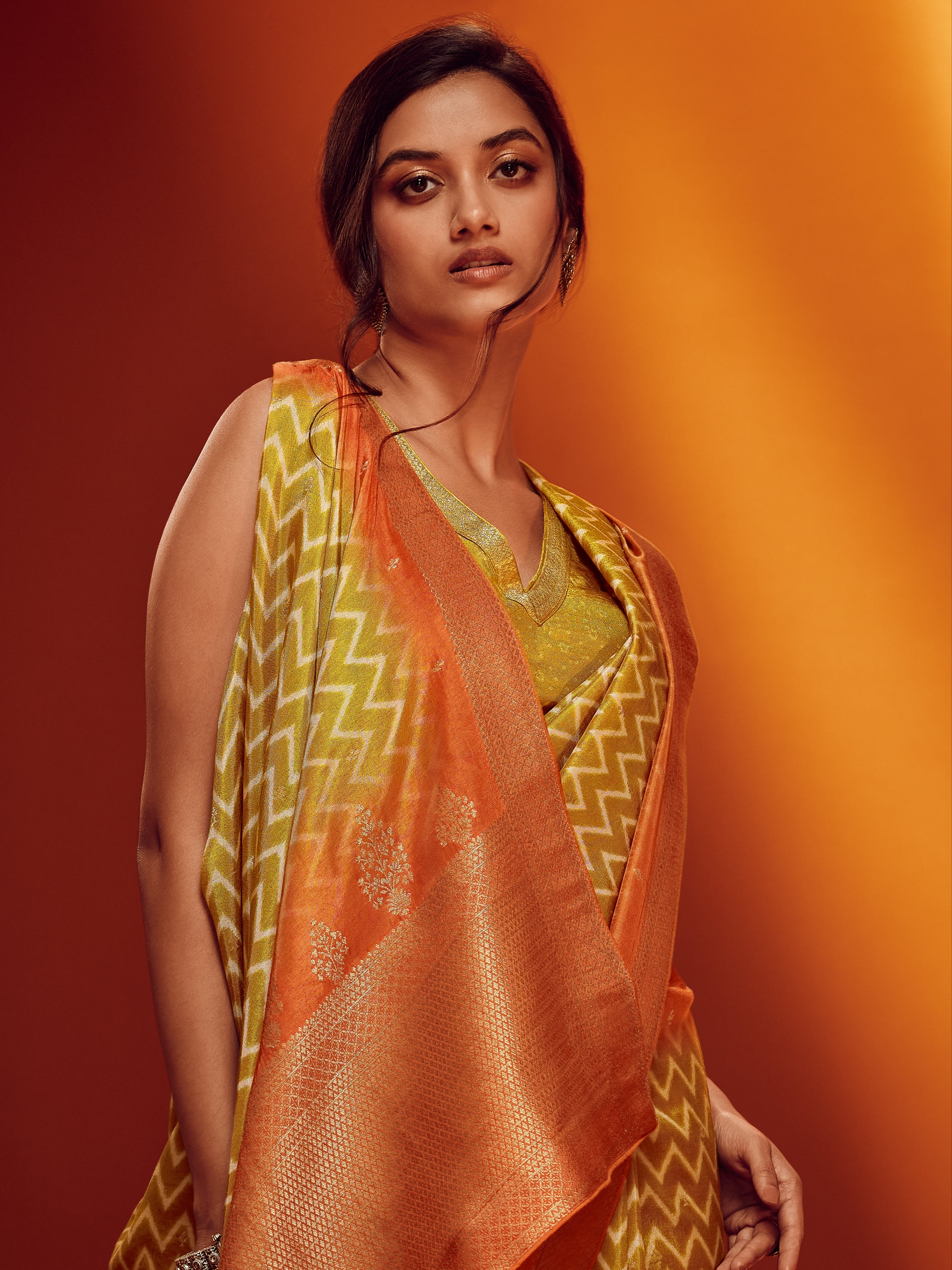 Bright Yellow &amp; Orange Designer Viscose Saree