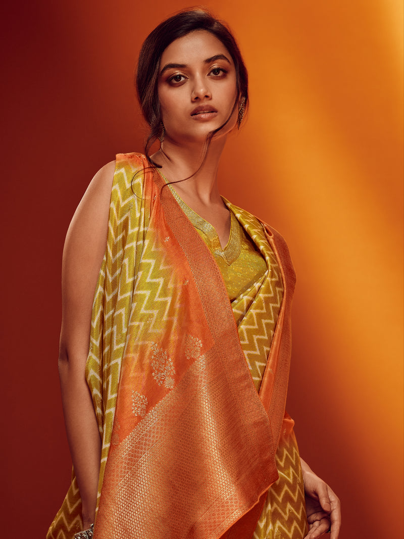 Bright Yellow & Orange Designer Viscose Saree