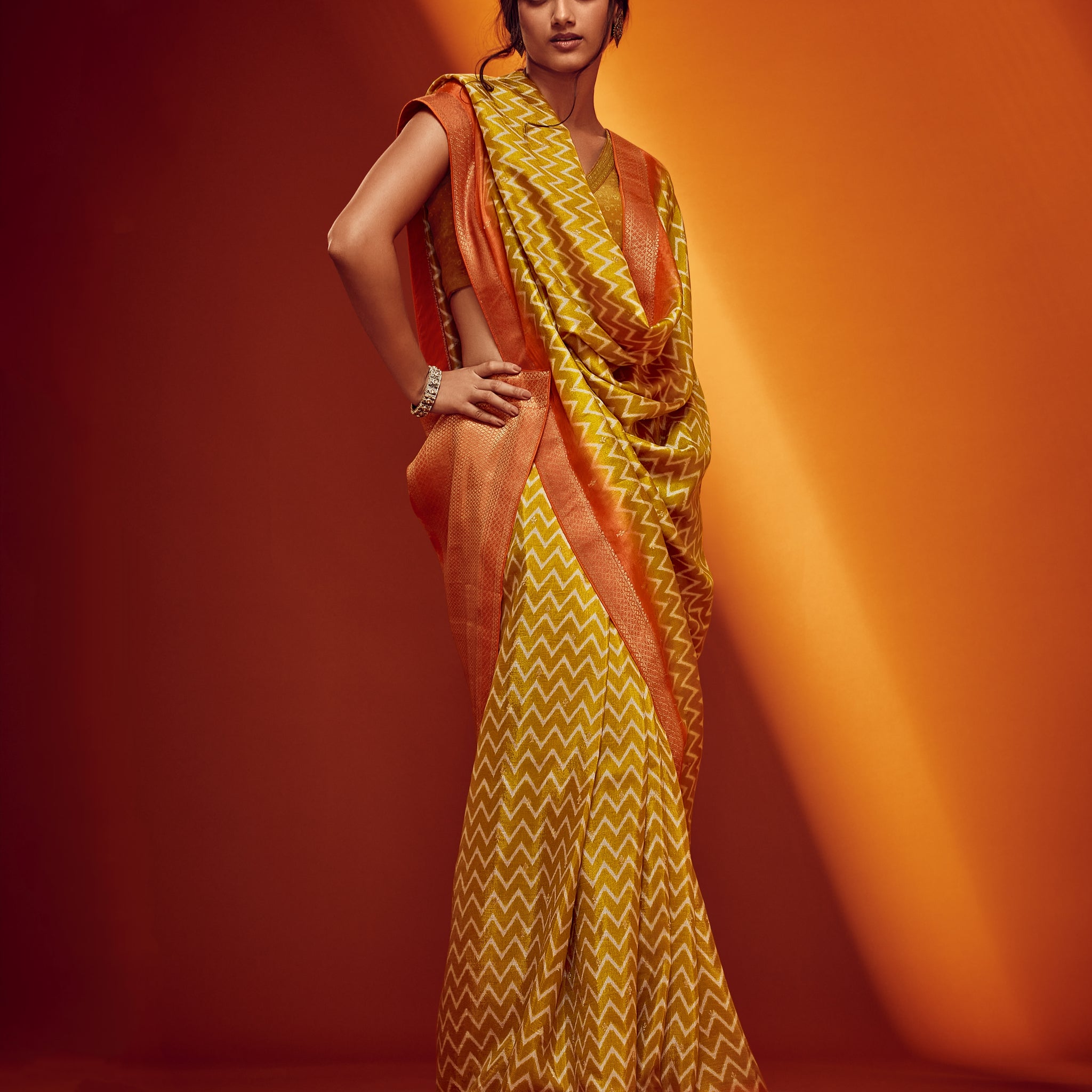 Bright Yellow & Orange Designer Viscose Saree