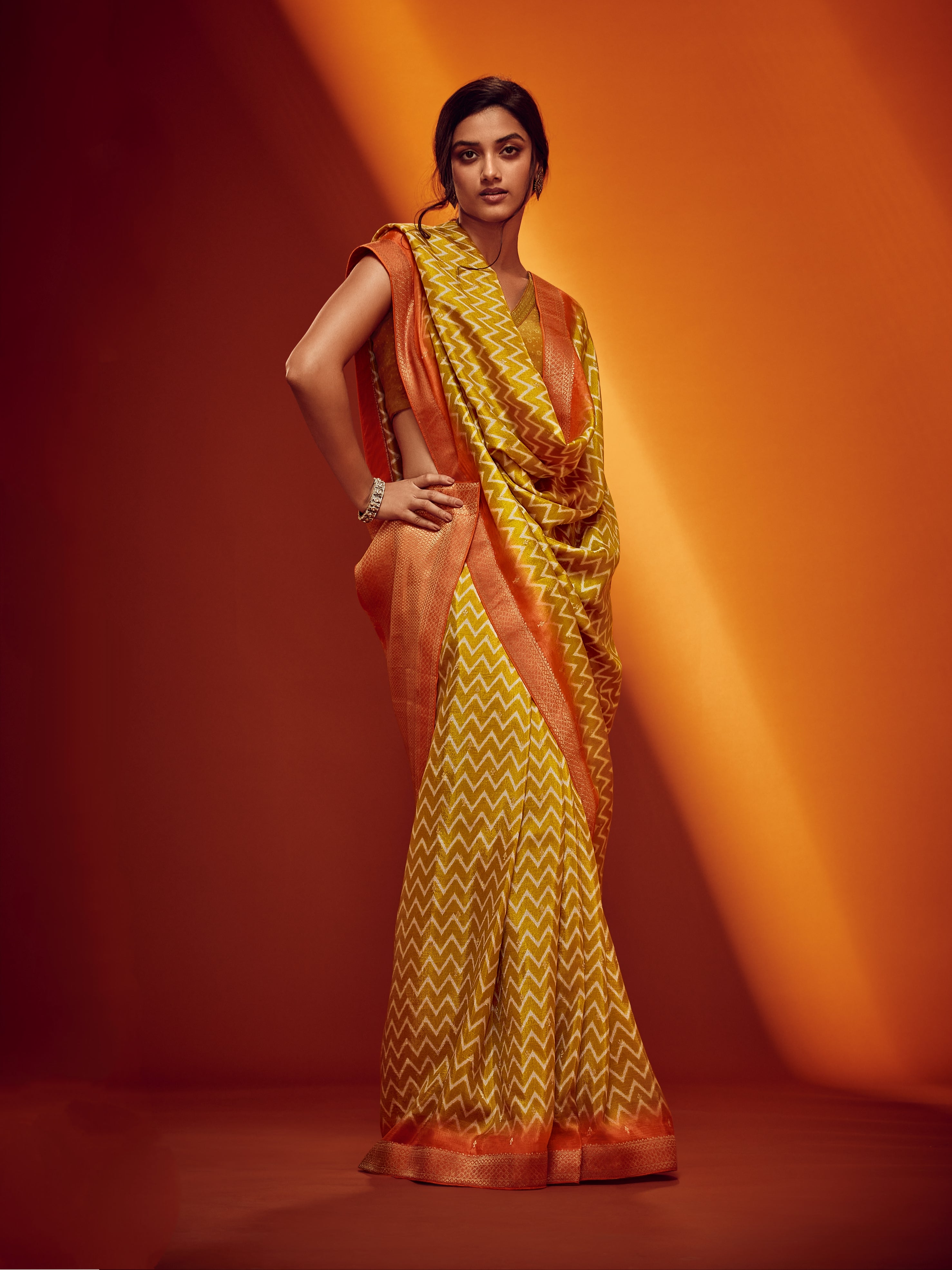 Bright Yellow &amp; Orange Designer Viscose Saree