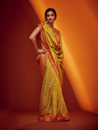 Bright Yellow &amp; Orange Designer Viscose Saree