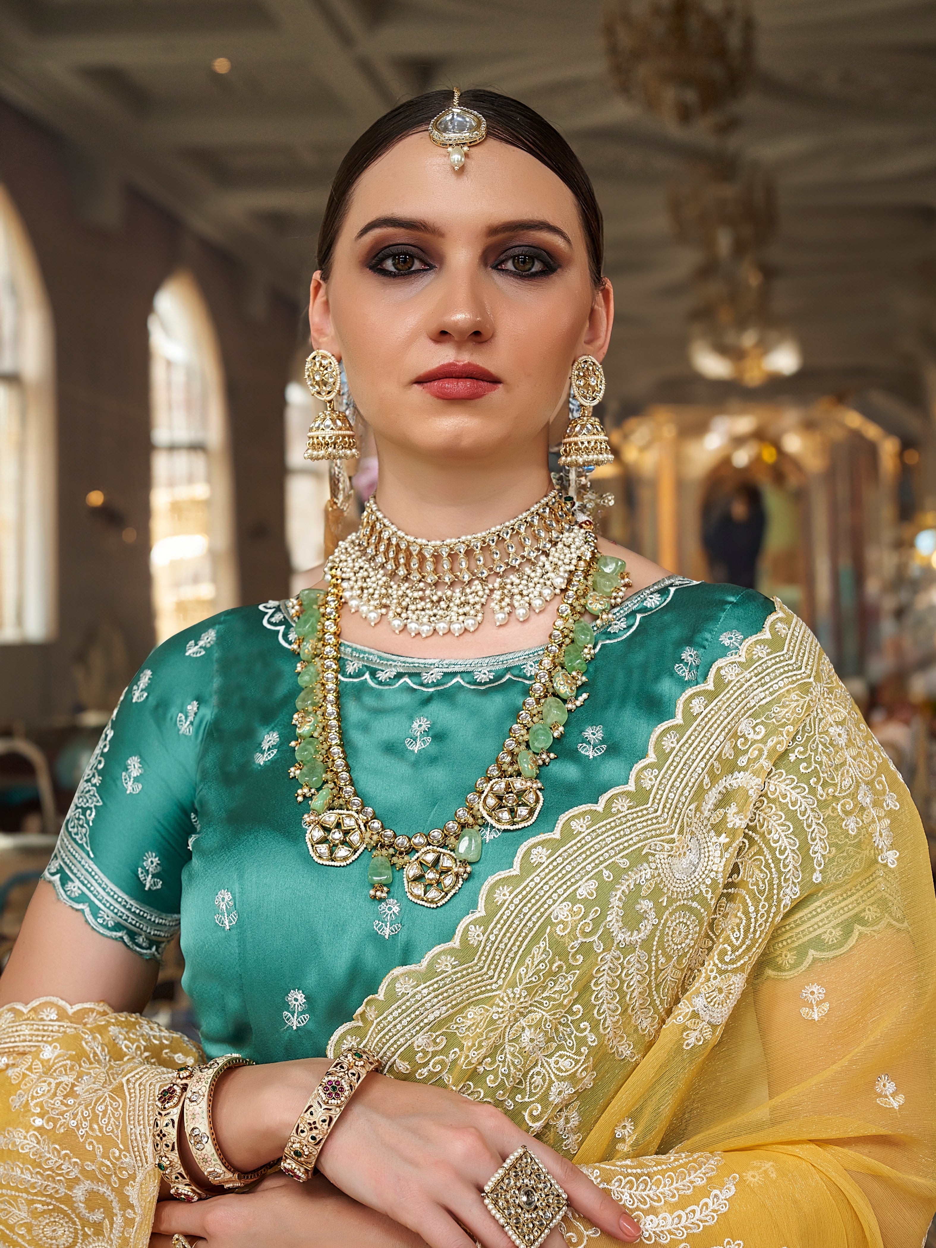 Yellow Fancy Tissue Saree with White Embroidery