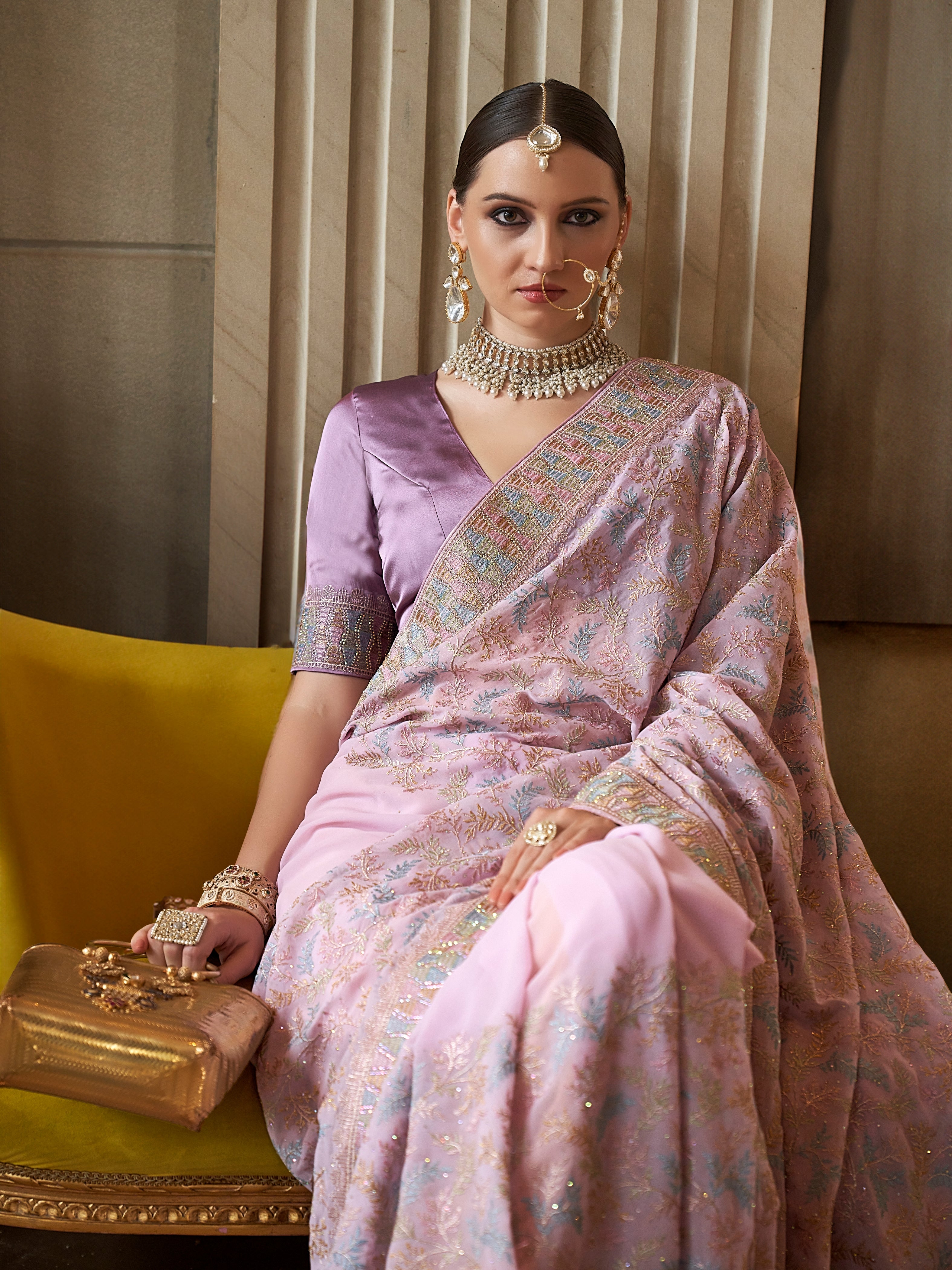 Lavender & Pink Fancy Tissue Saree with Subtle Weaving