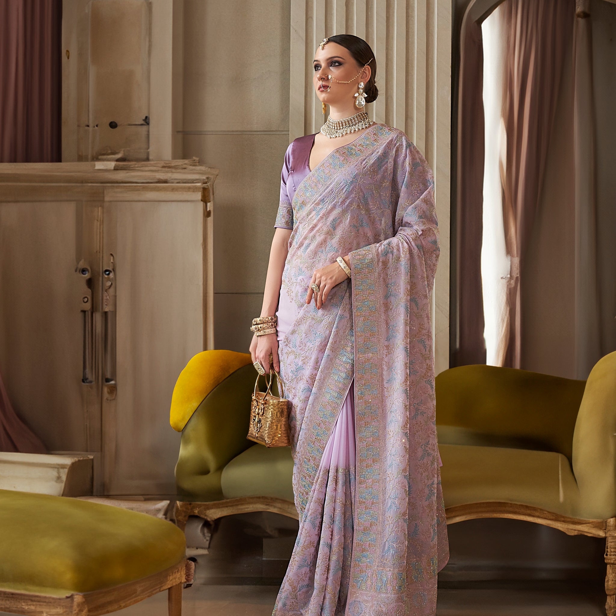 Lavender & Pink Fancy Tissue Saree with Subtle Weaving