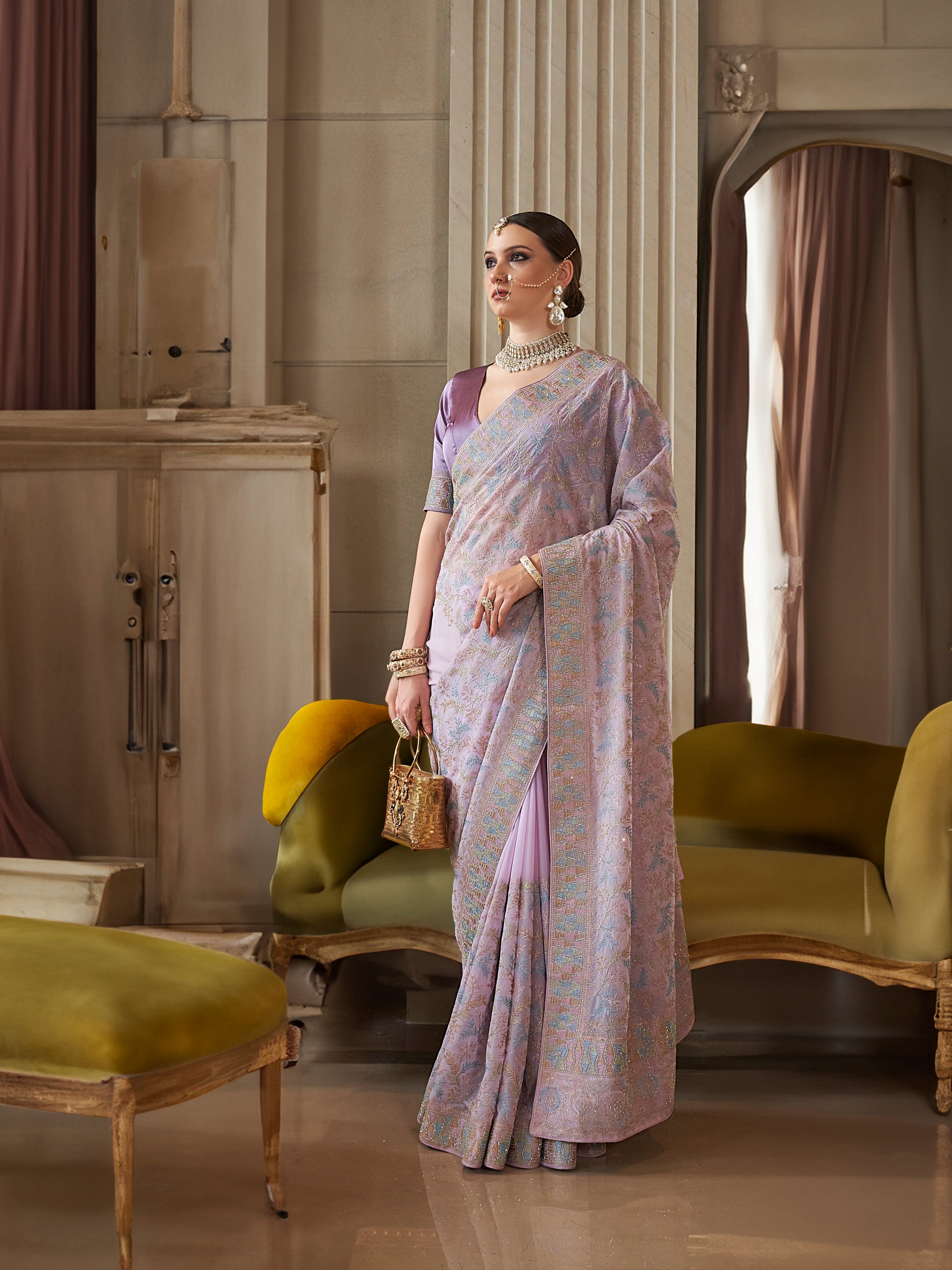 Lavender &amp; Pink Fancy Tissue Saree with Subtle Weaving