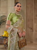 Olive Green Fancy Tissue Saree with Floral Thread Work