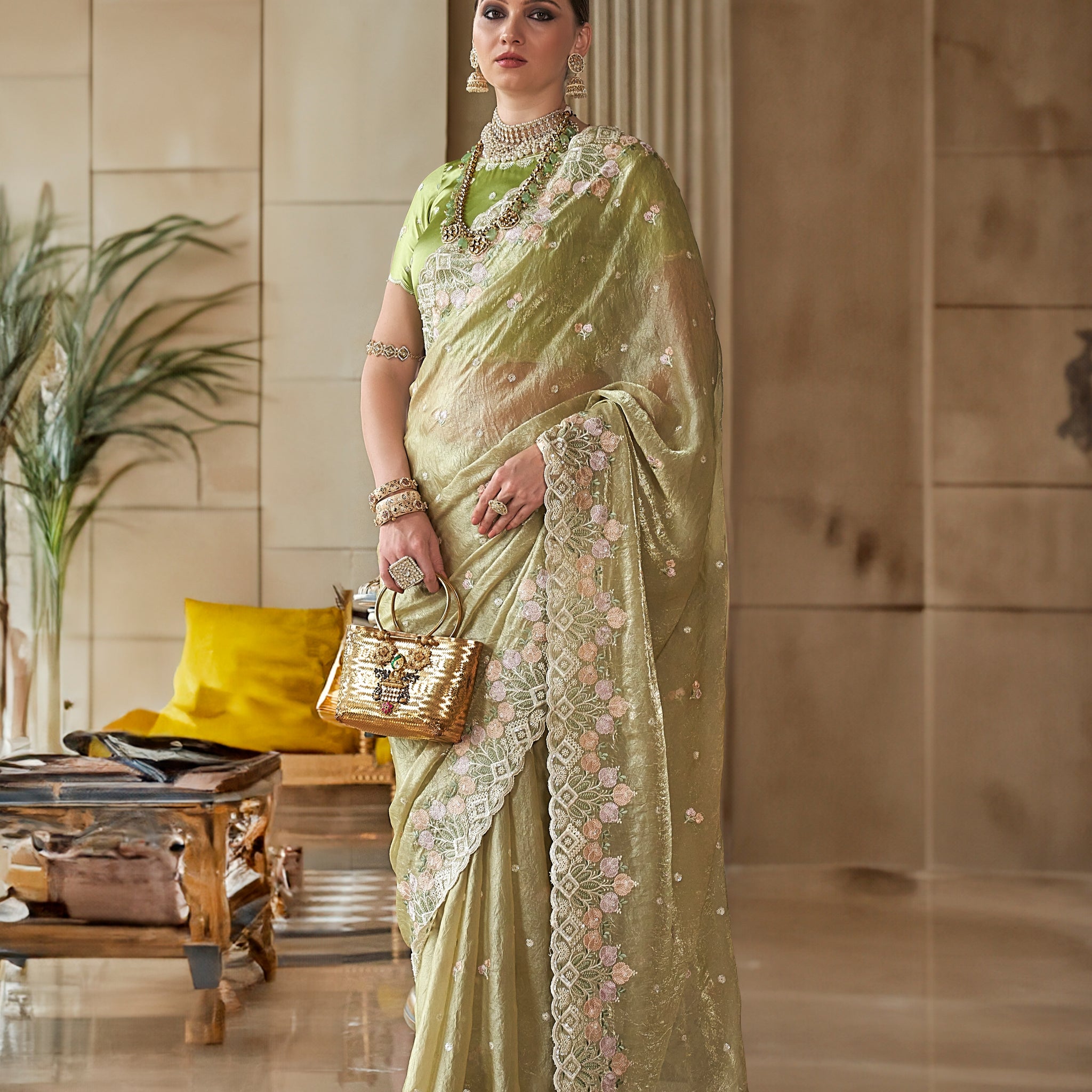 Olive Green Fancy Tissue Saree with Floral Thread Work