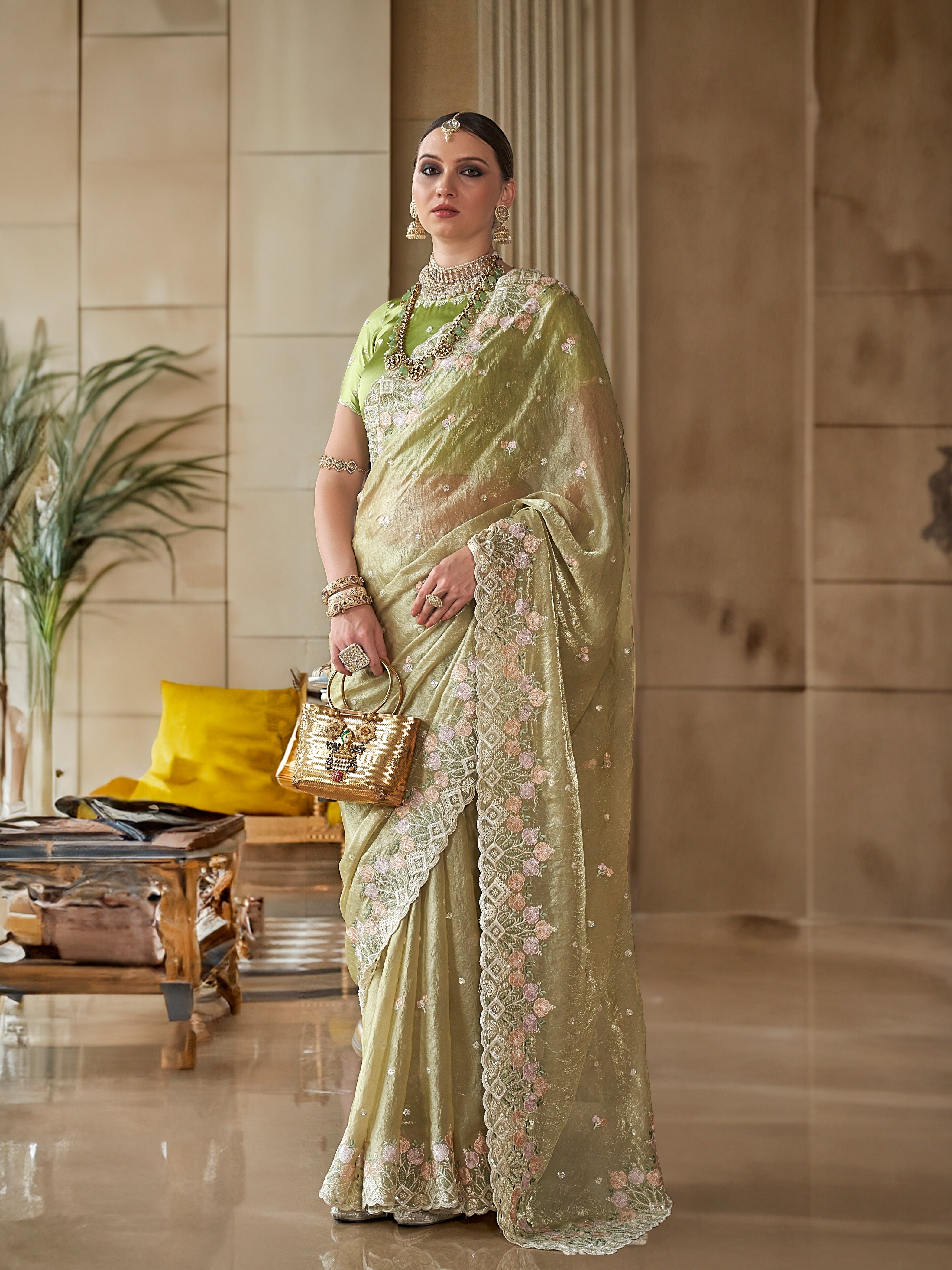 Olive Green Fancy Tissue Saree with Floral Thread Work