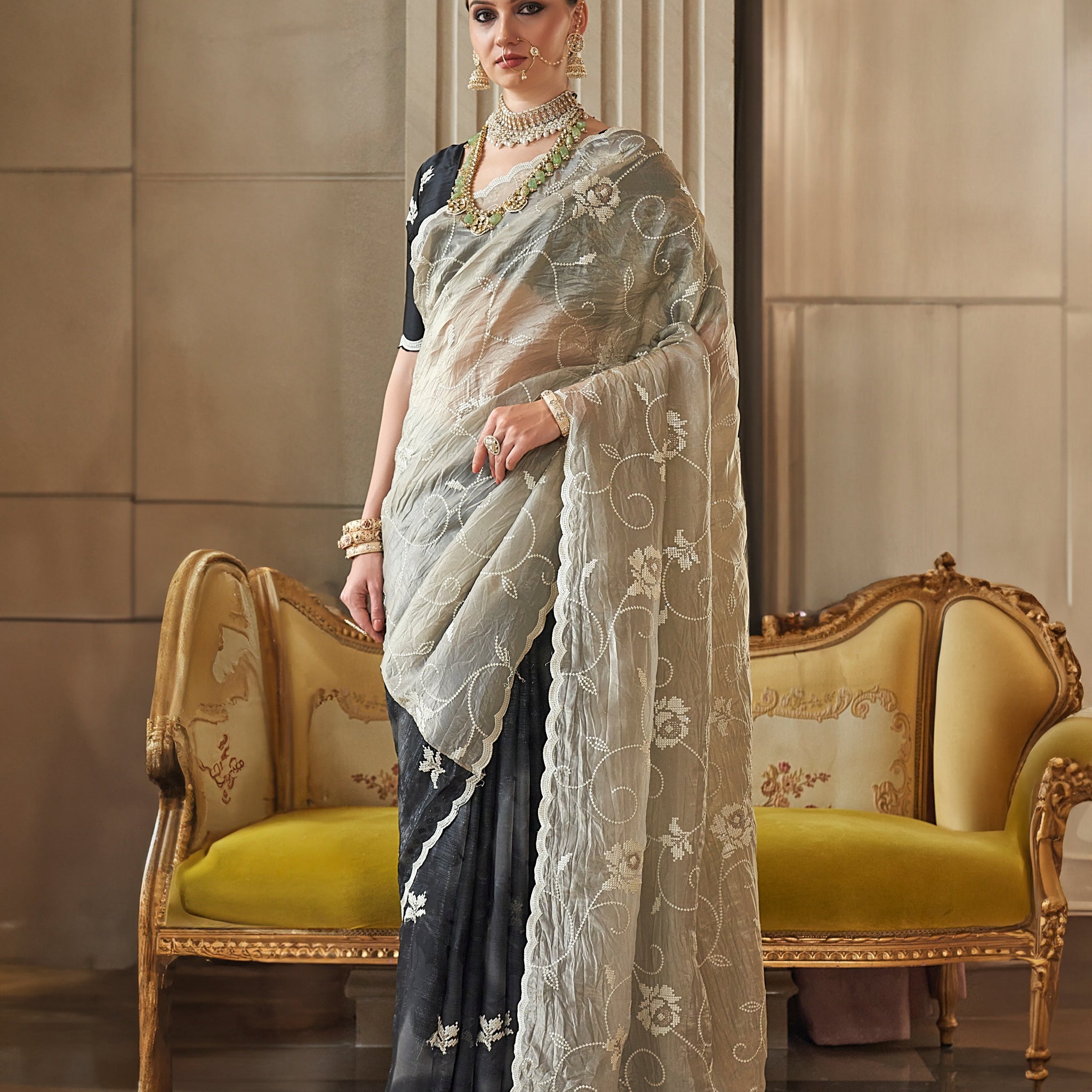 Black Fancy Tissue Saree with White Floral Embroidery