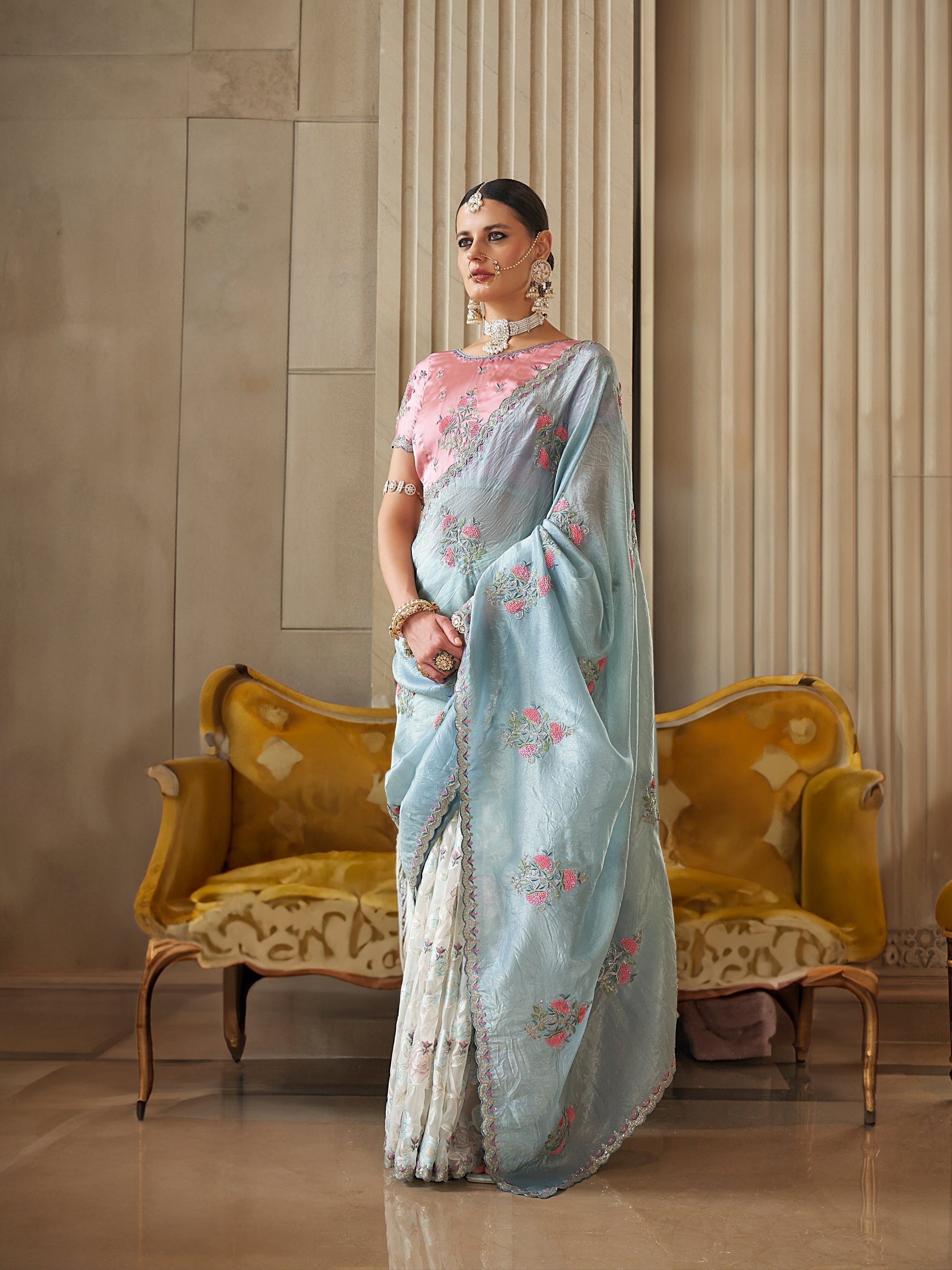Powder Blue Fancy Tissue Saree with Floral Embroidery