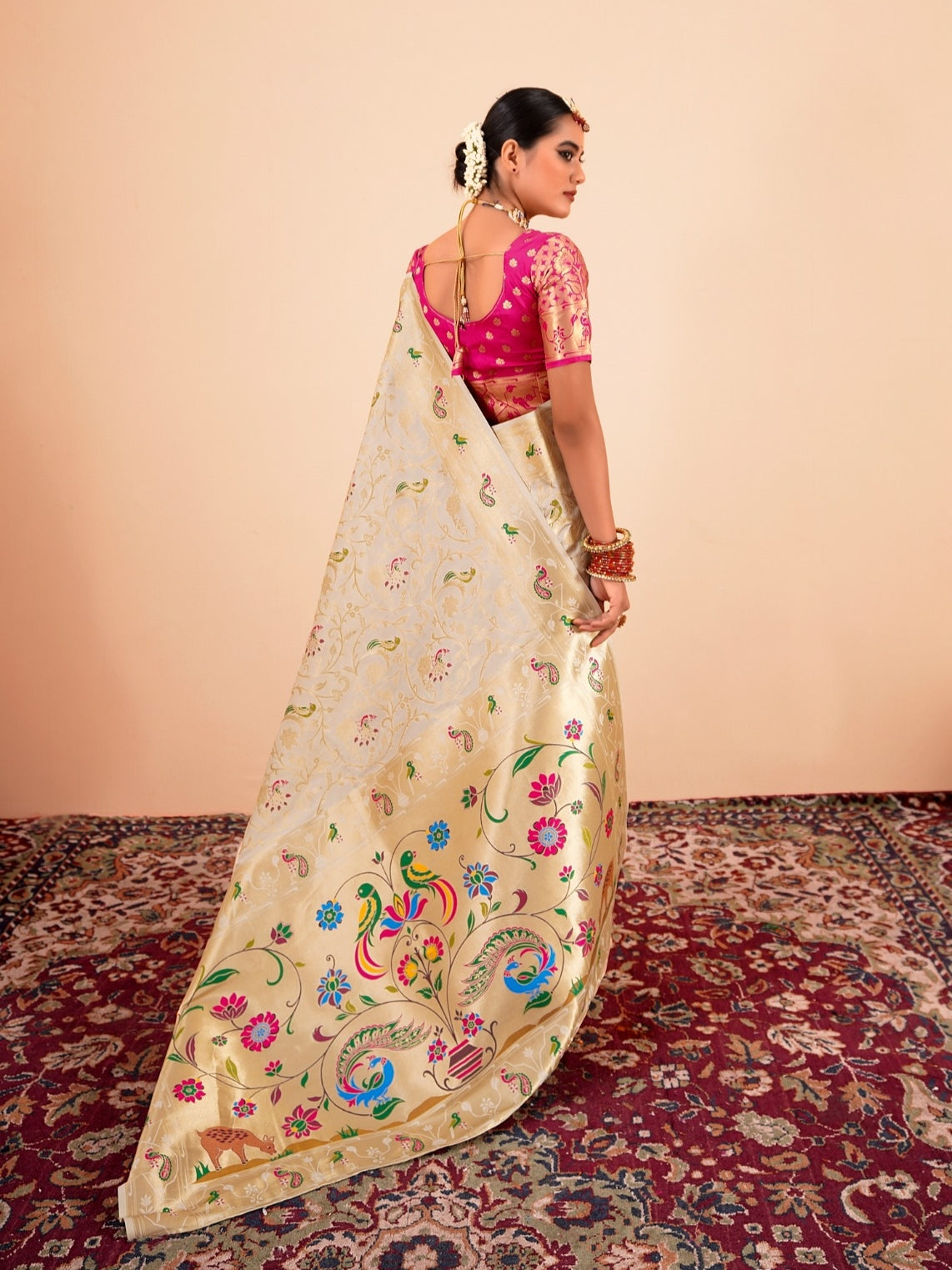 Off-White Paithani Silk Saree with Multi-Color Weaving