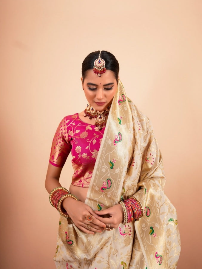 Off-White Paithani Silk Saree with Multi-Color Weaving