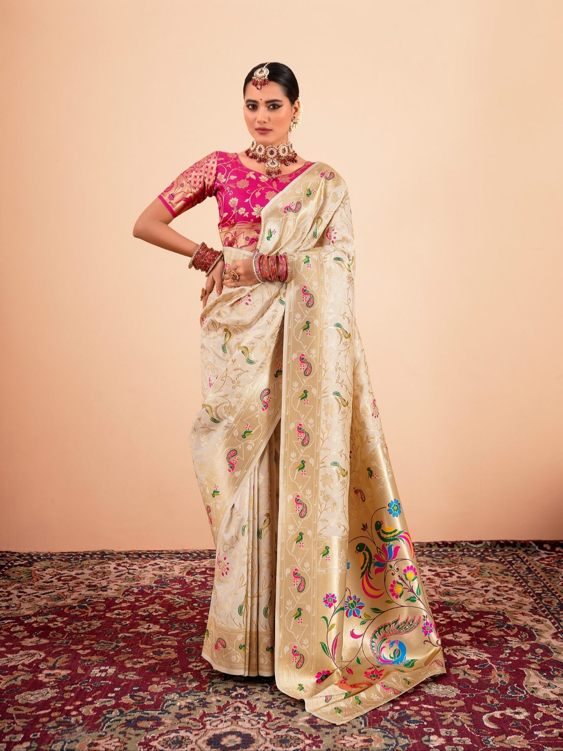 Off-White Paithani Silk Saree with Multi-Color Weaving