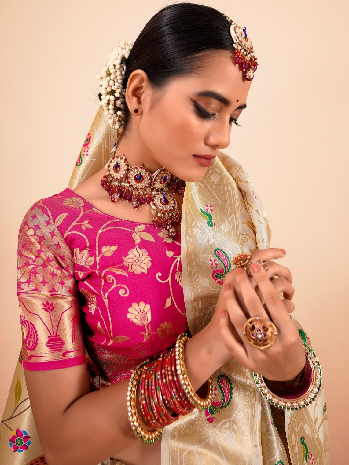 Off-White Paithani Silk Saree with Multi-Color Weaving