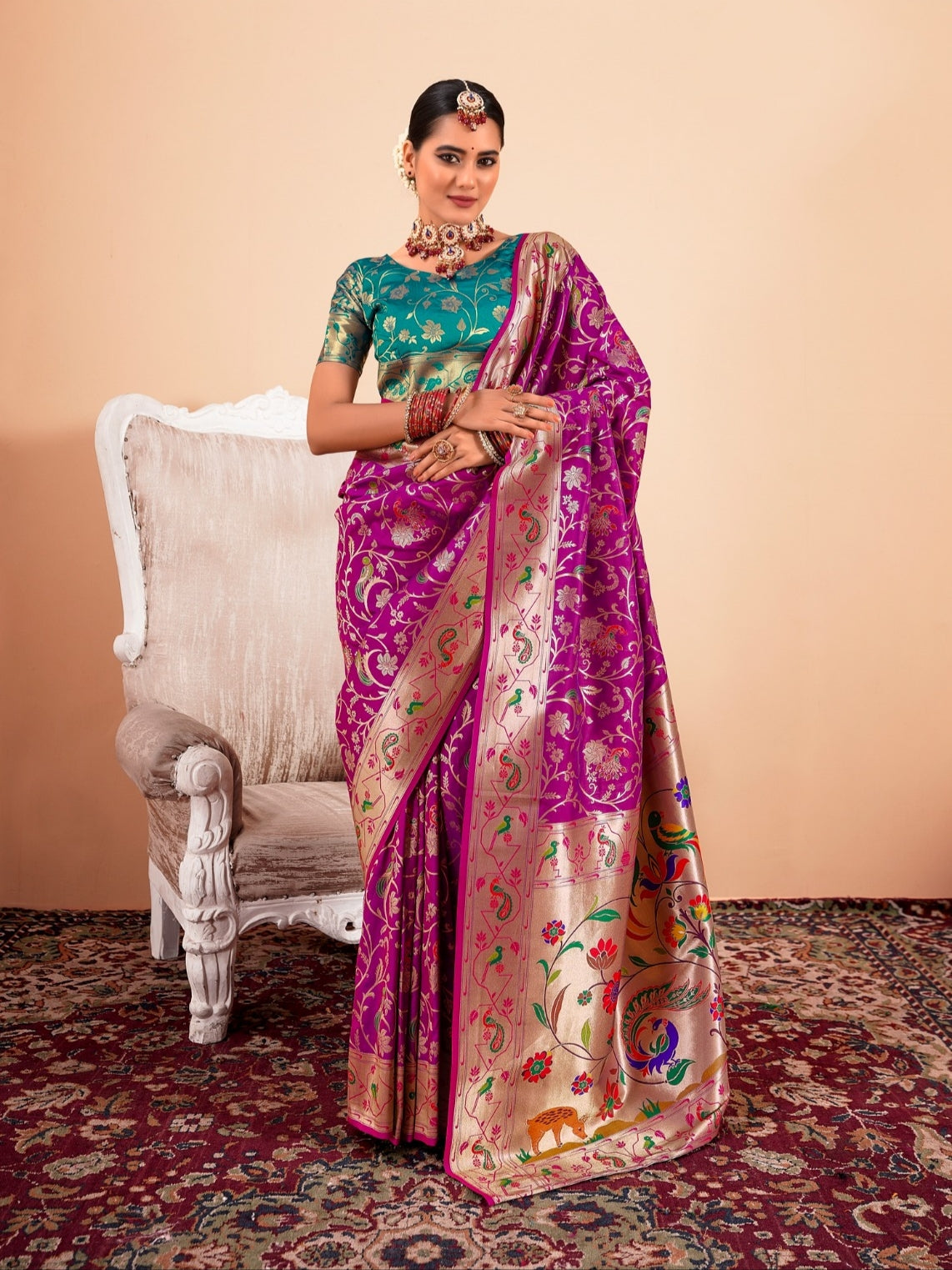 Royal Purple Paithani Silk Saree with Gold Zari Border