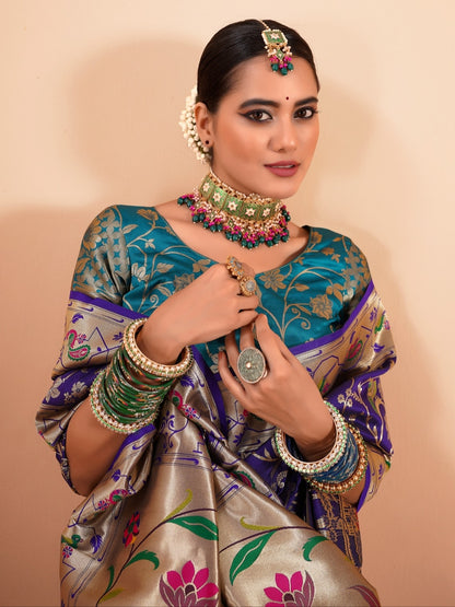 Royal Blue Paithani Silk Saree with Intricate Weaving