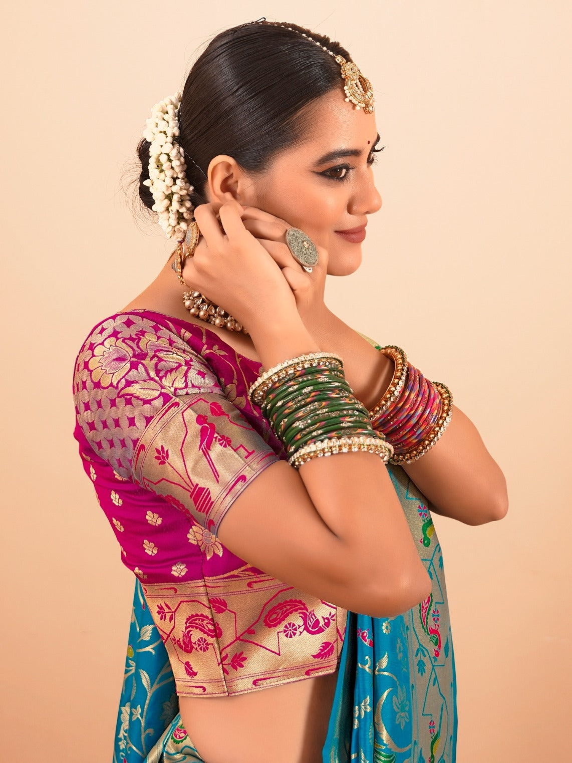 Blue &amp; Beige Paithani Silk Saree with Golden Zari Border