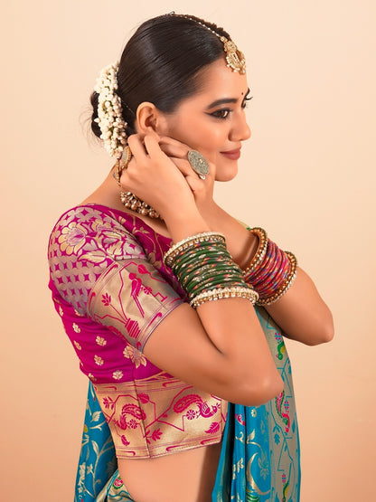 Blue &amp; Beige Paithani Silk Saree with Golden Zari Border