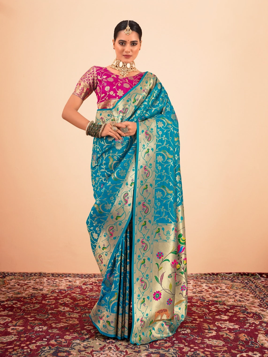 Blue &amp; Beige Paithani Silk Saree with Golden Zari Border