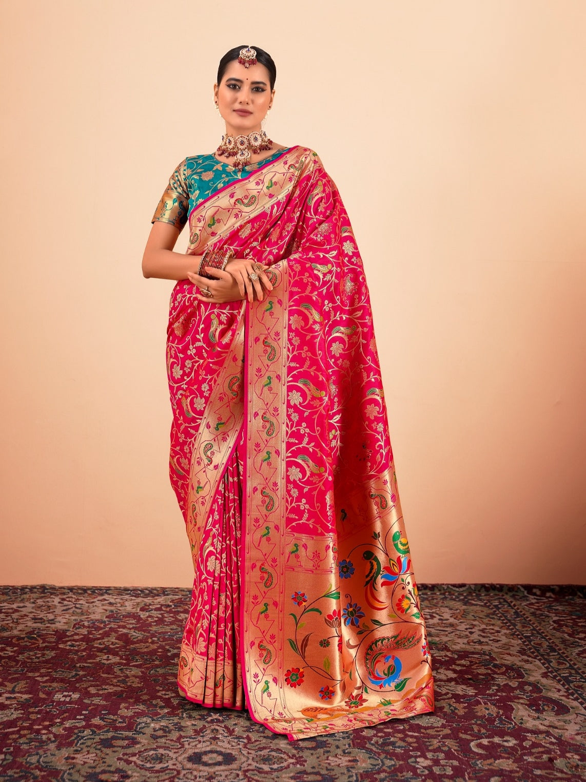 Pink Paithani Silk Saree with Traditional Gold Zari Border