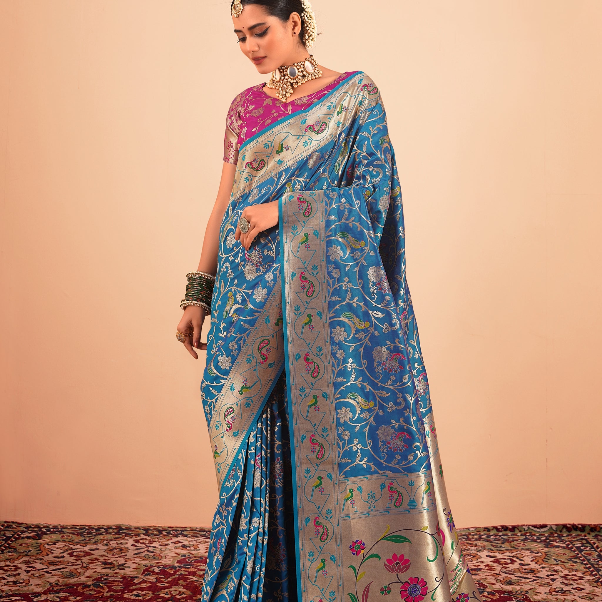 Blue Paithani Silk Saree with Multi-Color Zari Weaving