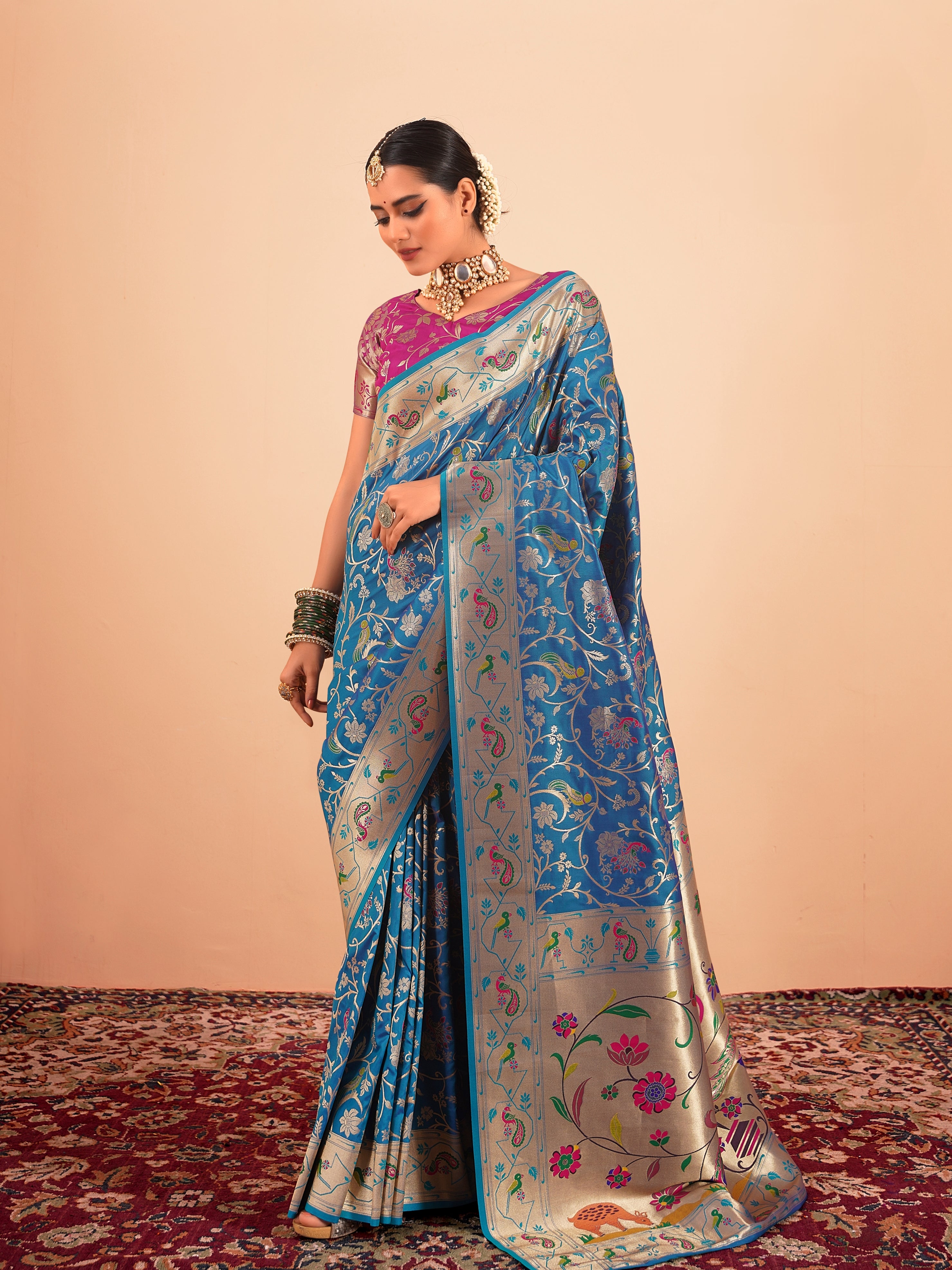 Blue Paithani Silk Saree with Multi-Color Zari Weaving