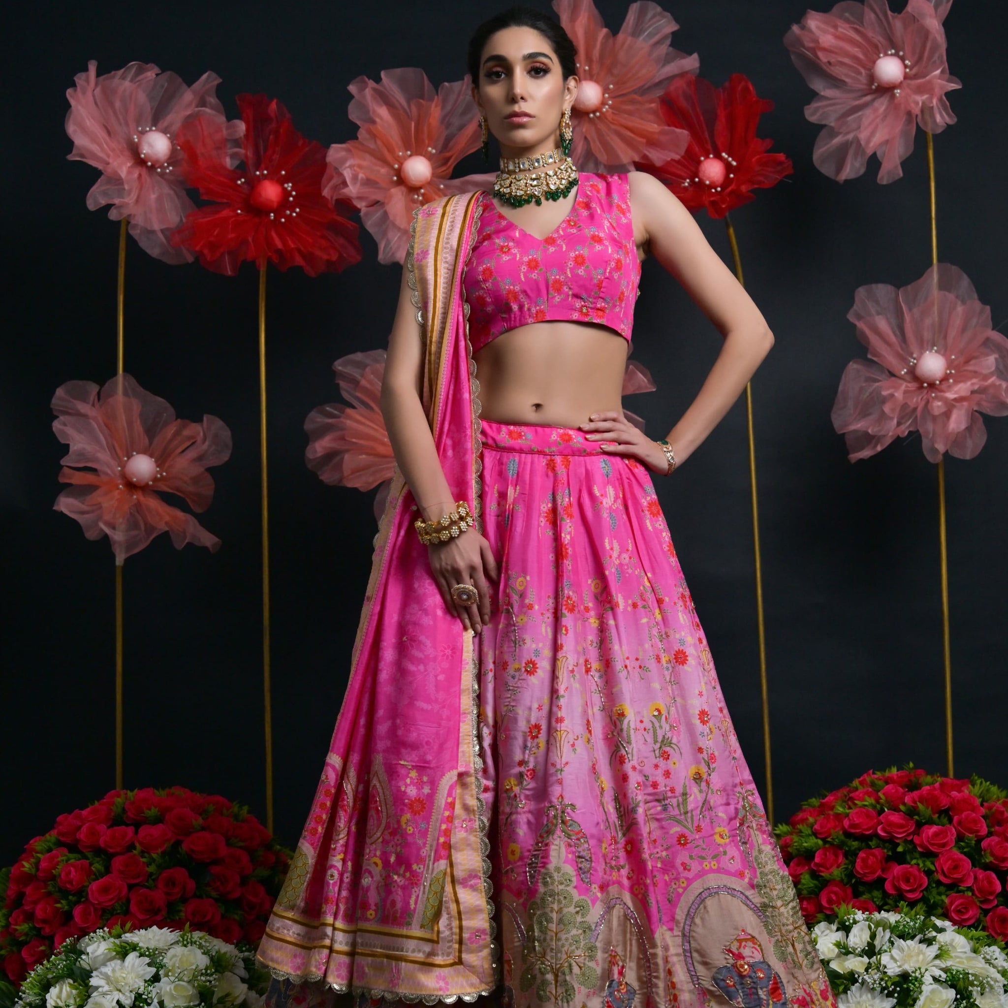Hot Pink Heavy Embroidered Bridal Lehenga with Zardosi Work