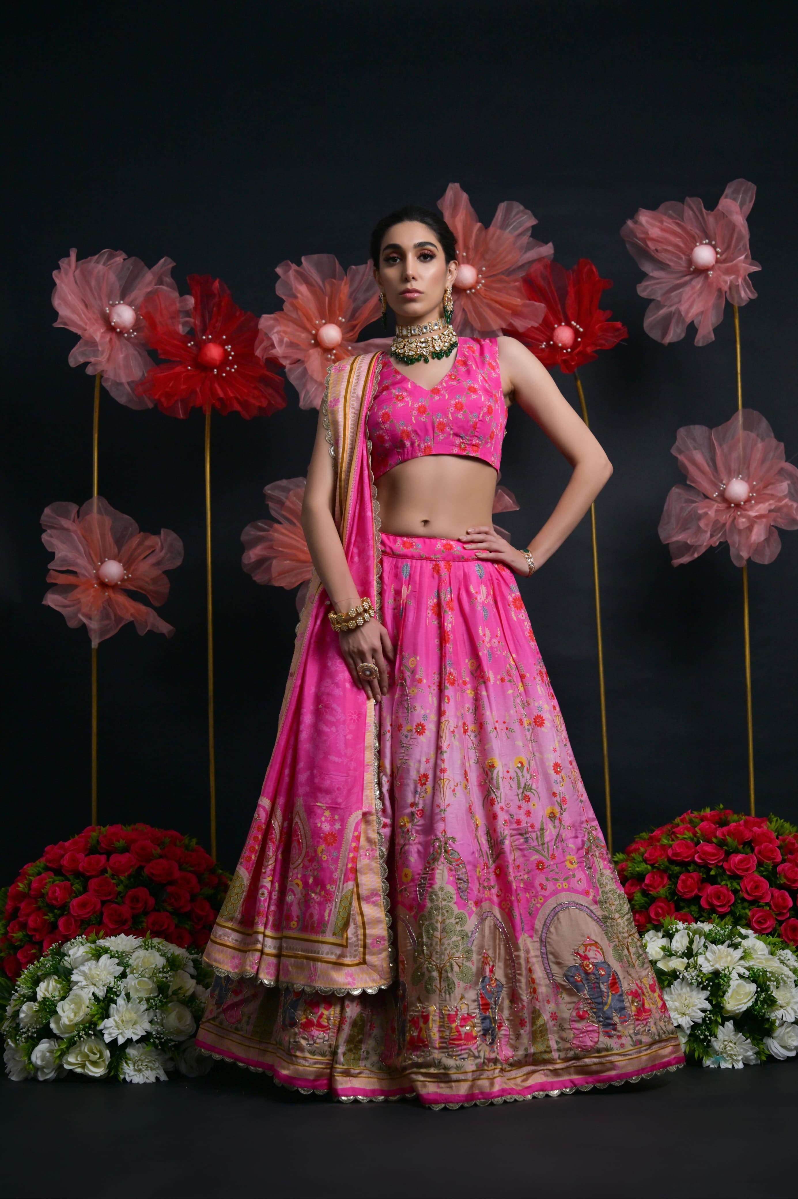 Hot Pink Heavy Embroidered Bridal Lehenga with Zardosi Work