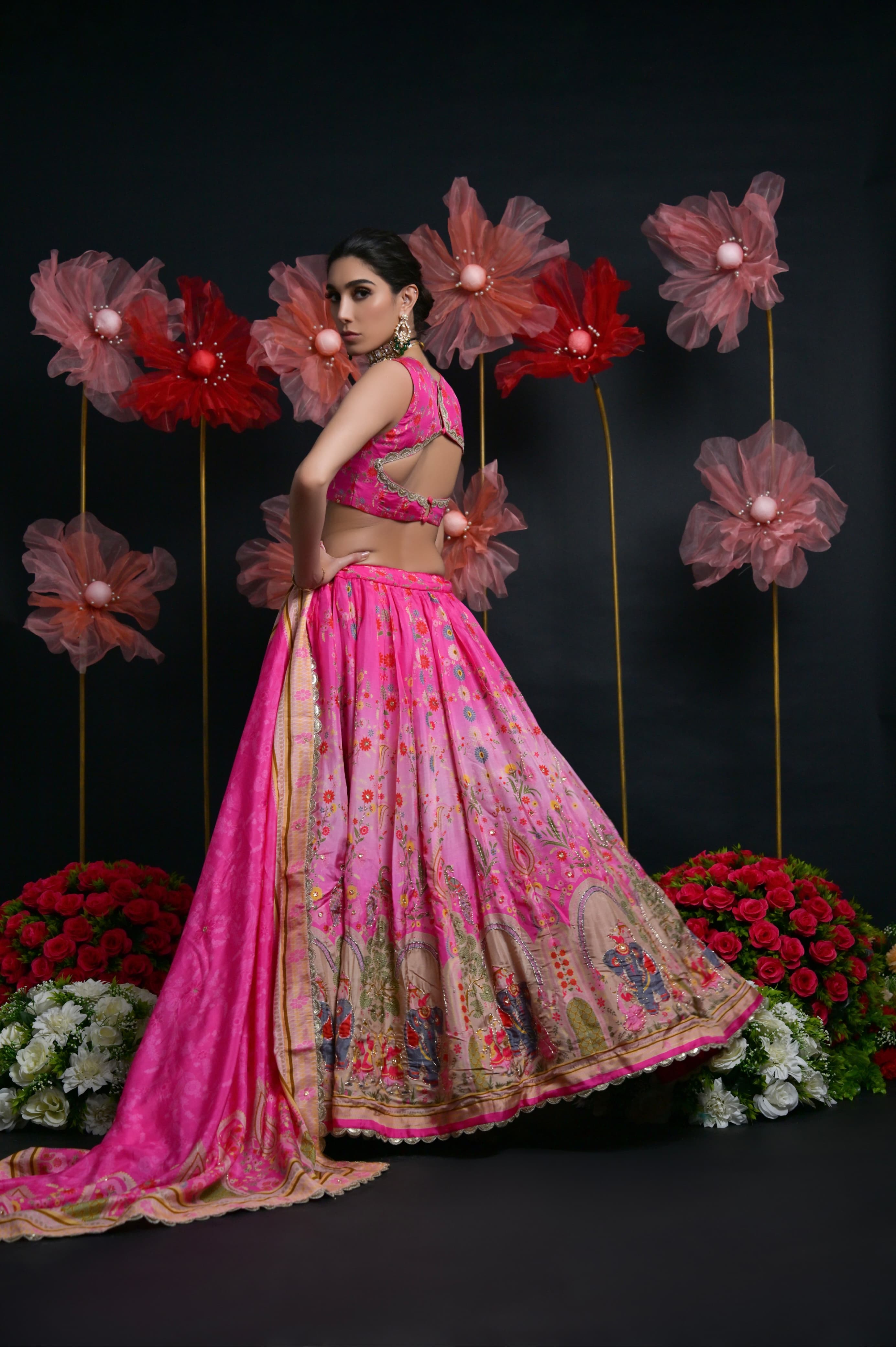 Hot Pink Heavy Embroidered Bridal Lehenga with Zardosi Work