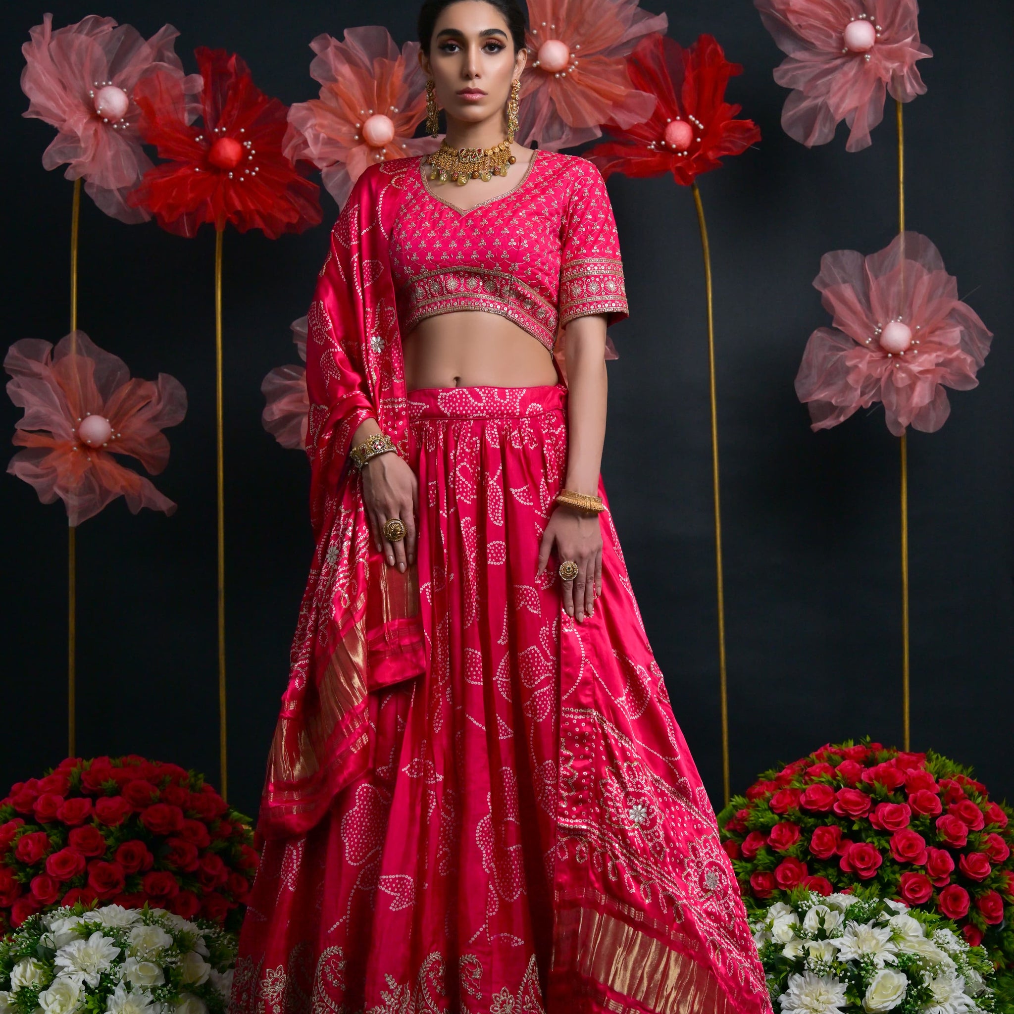 Pink Printed Bridal Lehenga with Jari Embroidery