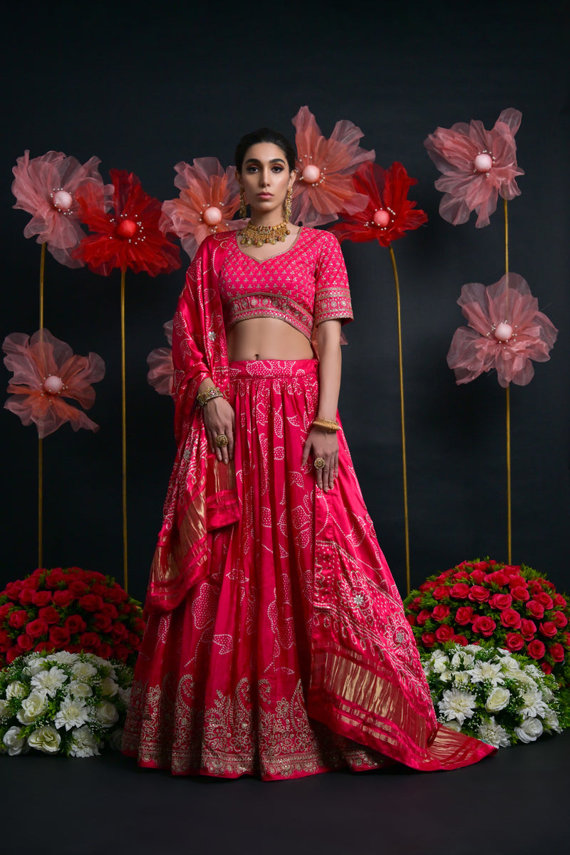 Pink Printed Bridal Lehenga with Jari Embroidery