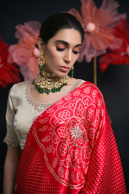 Ivory &amp; Red Tissue Bridal Lehenga with Gota Patti &amp; Aari Work