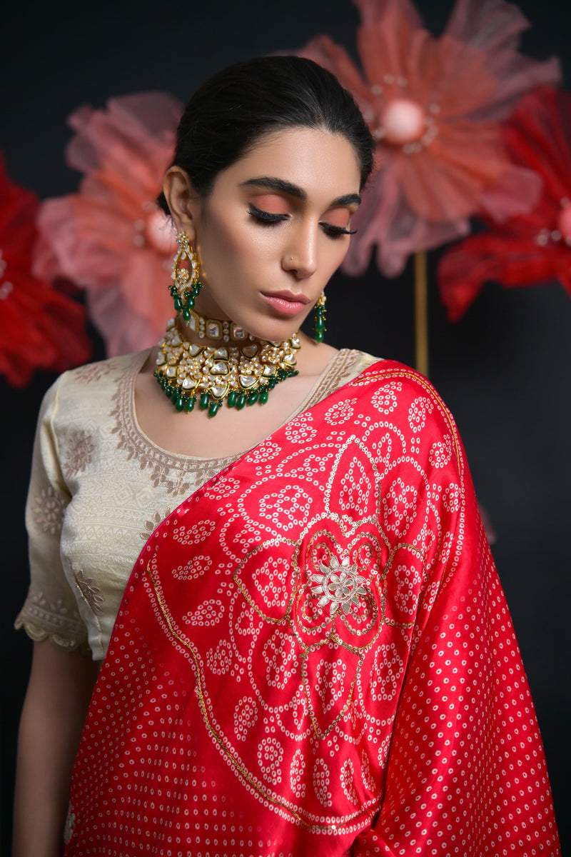 Ivory & Red Tissue Bridal Lehenga with Gota Patti & Aari Work