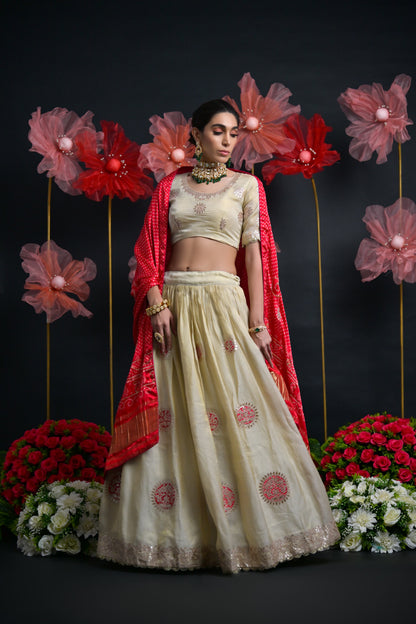 Ivory &amp; Red Tissue Bridal Lehenga with Gota Patti &amp; Aari Work