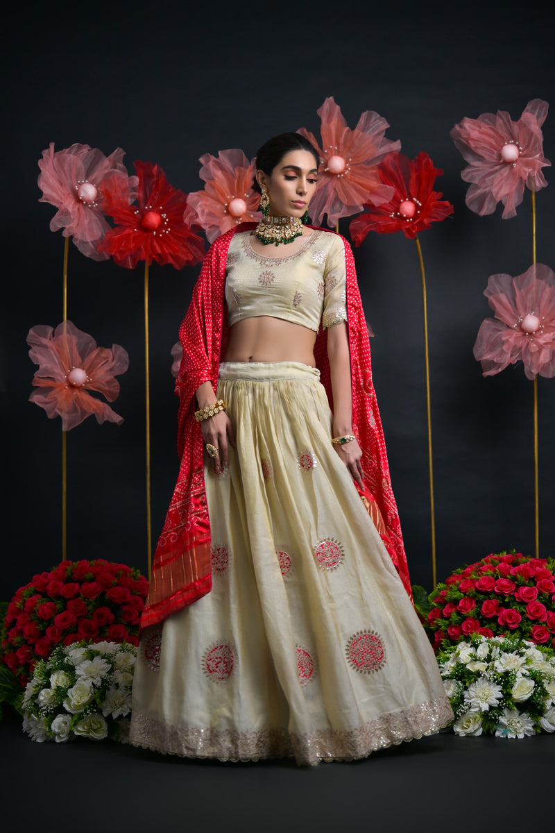 Ivory & Red Tissue Bridal Lehenga with Gota Patti & Aari Work