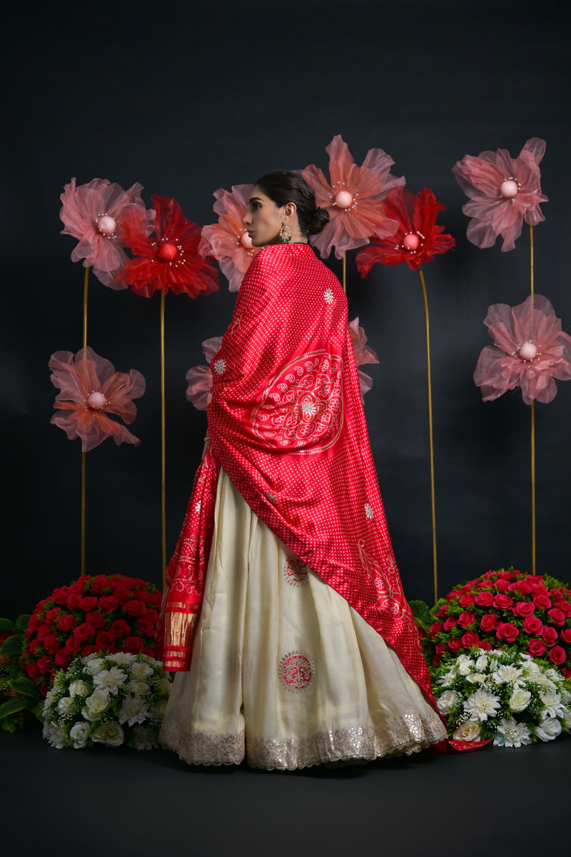 Ivory & Red Tissue Bridal Lehenga with Gota Patti & Aari Work