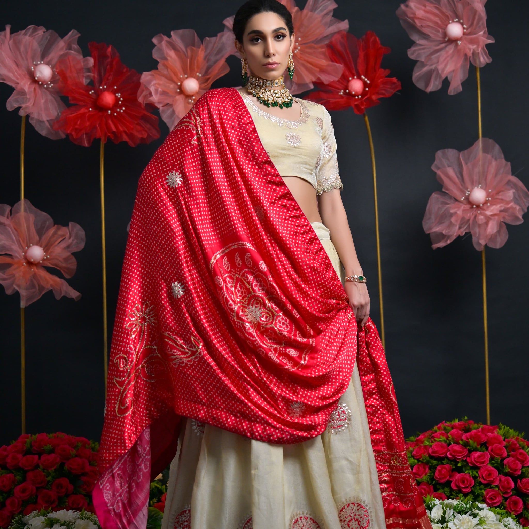 Ivory & Red Tissue Bridal Lehenga with Gota Patti & Aari Work
