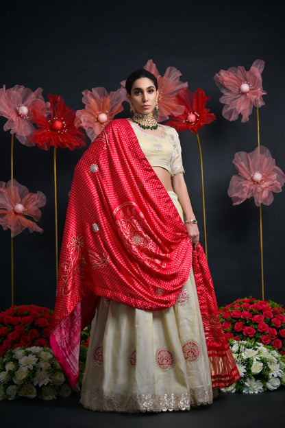 Ivory &amp; Red Tissue Bridal Lehenga with Gota Patti &amp; Aari Work